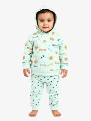 Funny Bear 100% Pure Cotton Full Sleeves Kids Winter Clothes With Hood Set All Over Print