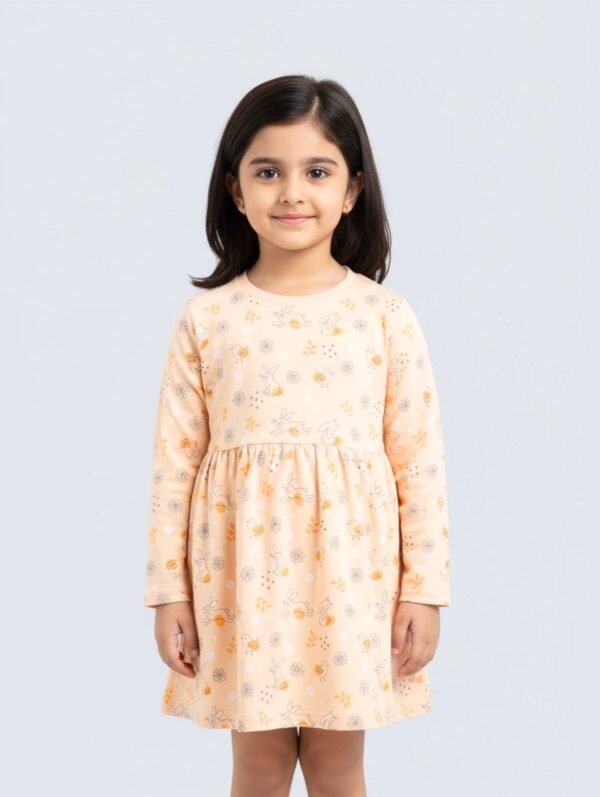 Funny Bear 100% Pure Cotton Full Sleeves Knee Length Baby Girl Frock Flower Print