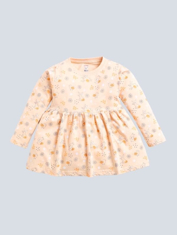 Funny Bear 100% Pure Cotton Full Sleeves Knee Length Baby Girl Frock Flower Print