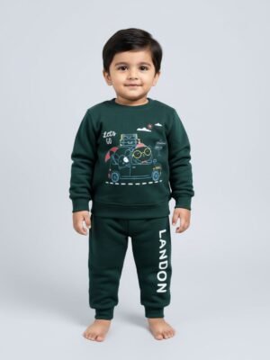 Funny Bear 100% Pure Cotton Fleece Full Sleeve Baby Boy Sweatshirt and Sweatpants Set Printed