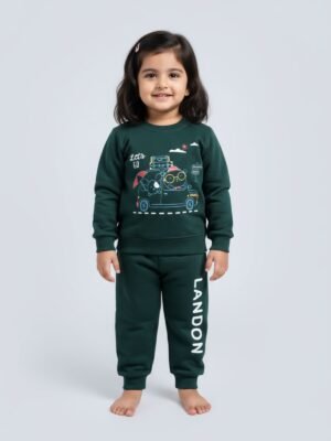 Funny Bear 100% Pure Cotton Fleece Full Sleeve Baby Girl Sweatshirt and Sweatpants Set Printed