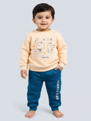 Funny Bear 100% Pure Cotton Fleece Full Sleeve Baby Boy Sweatshirt and Sweatpants Printed