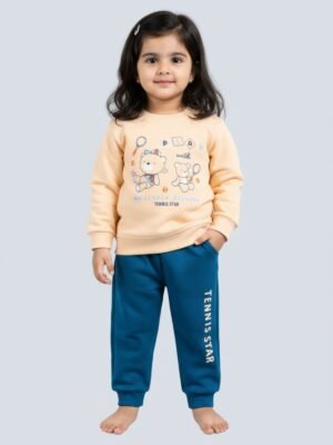 Funny Bear 100% Pure Cotton Fleece Full Sleeve Baby Girl Sweatshirt and Sweatpants Printed
