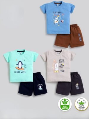 Funny Bear 100% Pure Cotton Half Sleeves Summer Baby Boy Clothing Sets Printed