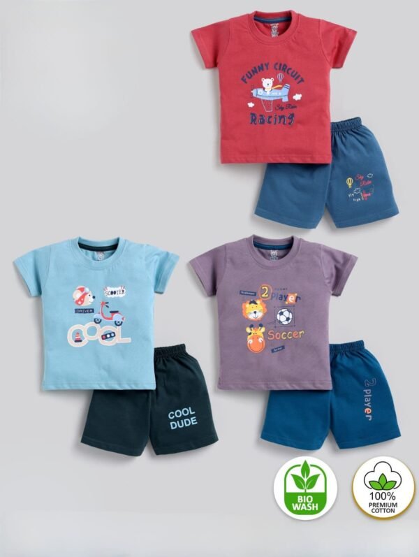 Funny Bear 100% Pure Cotton Half Sleeves Summer Baby Boy Clothing Sets Printed
