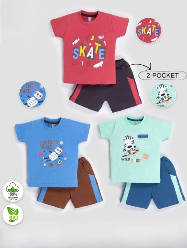 Funny Bear 100% Pure Cotton Half Sleeves Cute Baby Boy Clothes Set Printed