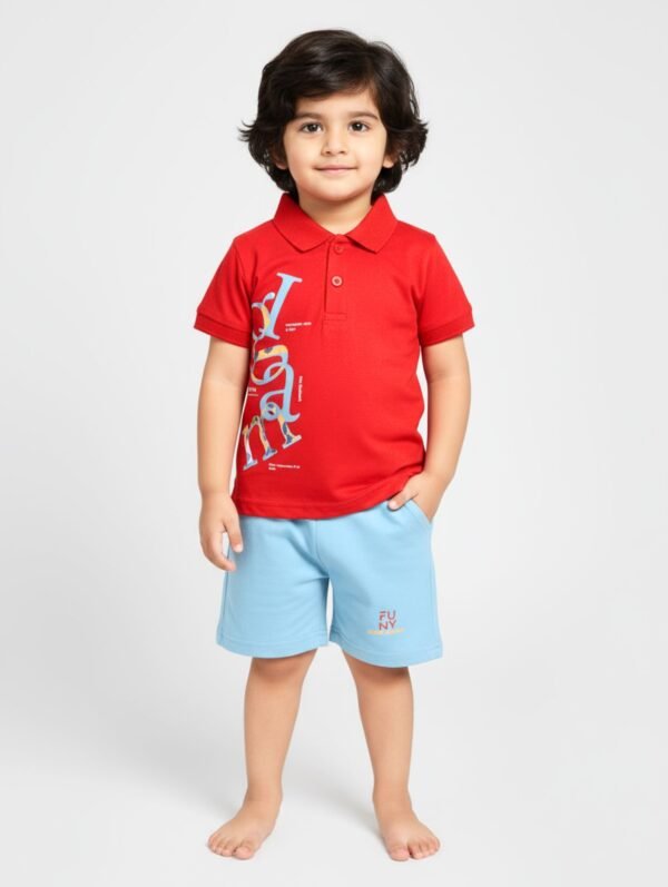 Funny Bear 100% Pure Cotton Half Sleeves Collar T shirt and Shorts for Boy Printed