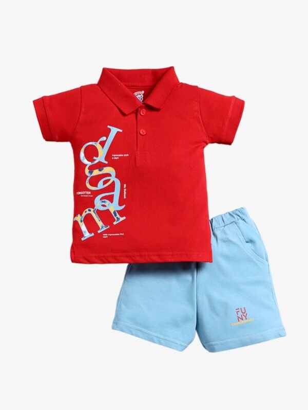 Funny Bear 100% Pure Cotton Half Sleeves Collar T shirt and Shorts for Boy Printed