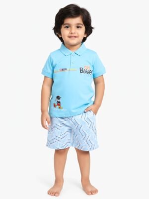 Funny Bear 100% Pure Cotton Half Sleeves Boys Half Pant and Collar T shirt Set Printed