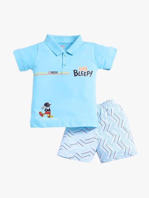 Funny Bear 100% Pure Cotton Half Sleeves Boys Half Pant and Collar T shirt Set Printed