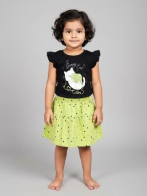 Funny Bear 100% Pure Cotton Short Sleeves Top and Skirt Set for Baby Girl Printed