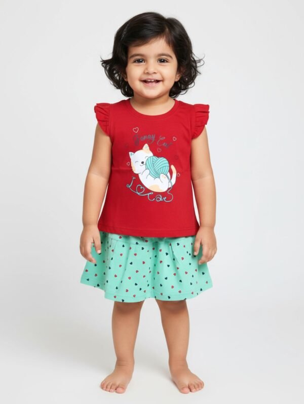 Funny Bear 100% Pure Cotton Short Sleeves Top and Skirt Set for Baby Girl Printed