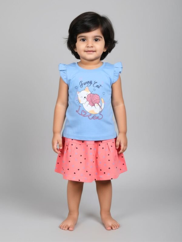 Funny Bear 100% Pure Cotton Short Sleeves Top and Skirt Set for Baby Girl Printed