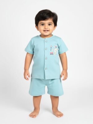 Funny Bear 100% Pure Cotton Half Sleeves Front Open Baby Boy Top & Bottom Set Printed