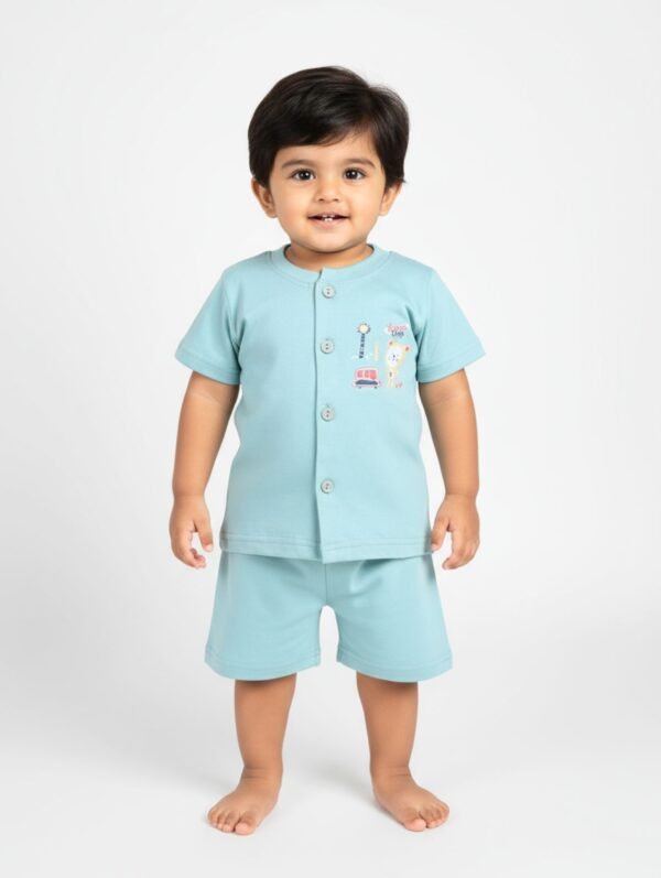 Funny Bear 100% Pure Cotton Half Sleeves Front Open Baby Boy Top & Bottom Set Printed