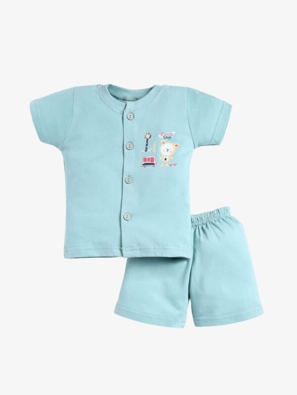 Funny Bear 100% Pure Cotton Half Sleeves Front Open Baby Boy Top & Bottom Set Printed