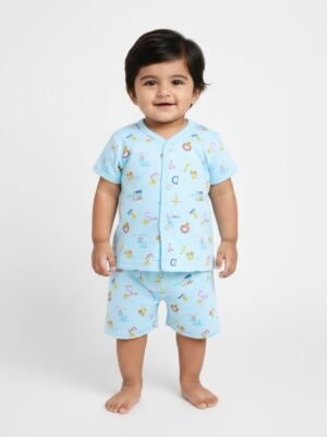 Funny Bear 100% Pure Cotton Half Sleeves Front Open Baby Boy Top & Bottom Set Printed