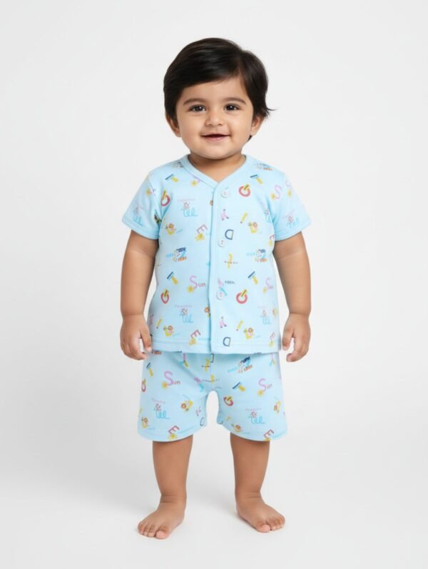 Funny Bear 100% Pure Cotton Half Sleeves Front Open Baby Boy Top & Bottom Set Printed