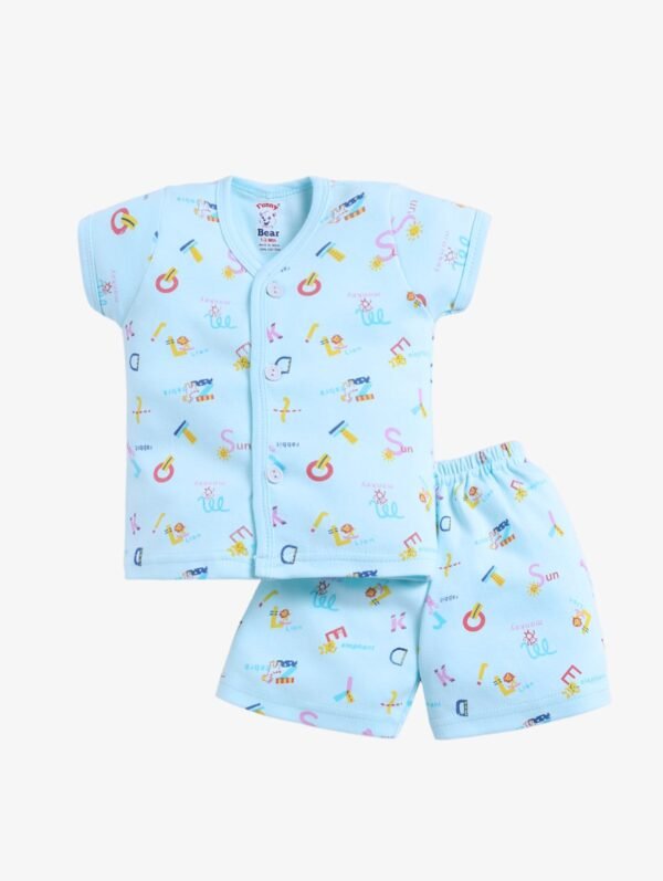 Funny Bear 100% Pure Cotton Half Sleeves Front Open Baby Boy Top & Bottom Set Printed