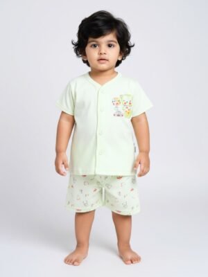 Funny Bear 100% Pure Cotton Half Sleeves Front Open Baby Boy Top & Bottom Set Printed