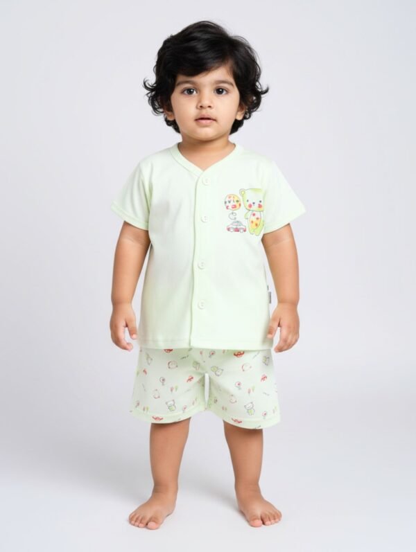 Funny Bear 100% Pure Cotton Half Sleeves Front Open Baby Boy Top & Bottom Set Printed