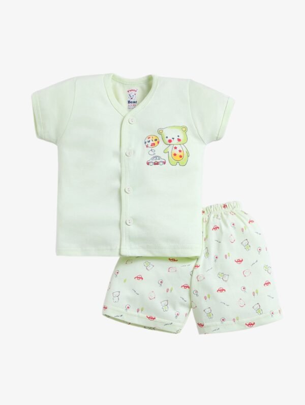 Funny Bear 100% Pure Cotton Half Sleeves Front Open Baby Boy Top & Bottom Set Printed