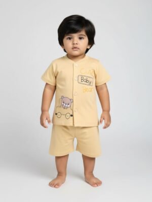 Funny Bear 100% Pure Cotton Half Sleeves Front Open Baby Boy T shirt Shorts Set Printed