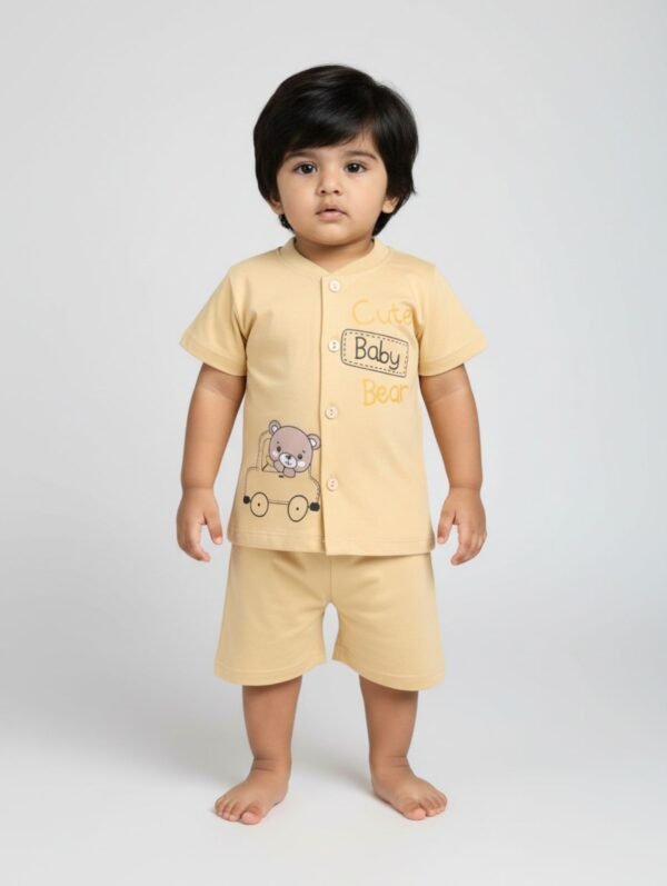 Funny Bear 100% Pure Cotton Half Sleeves Front Open Baby Boy T shirt Shorts Set Printed